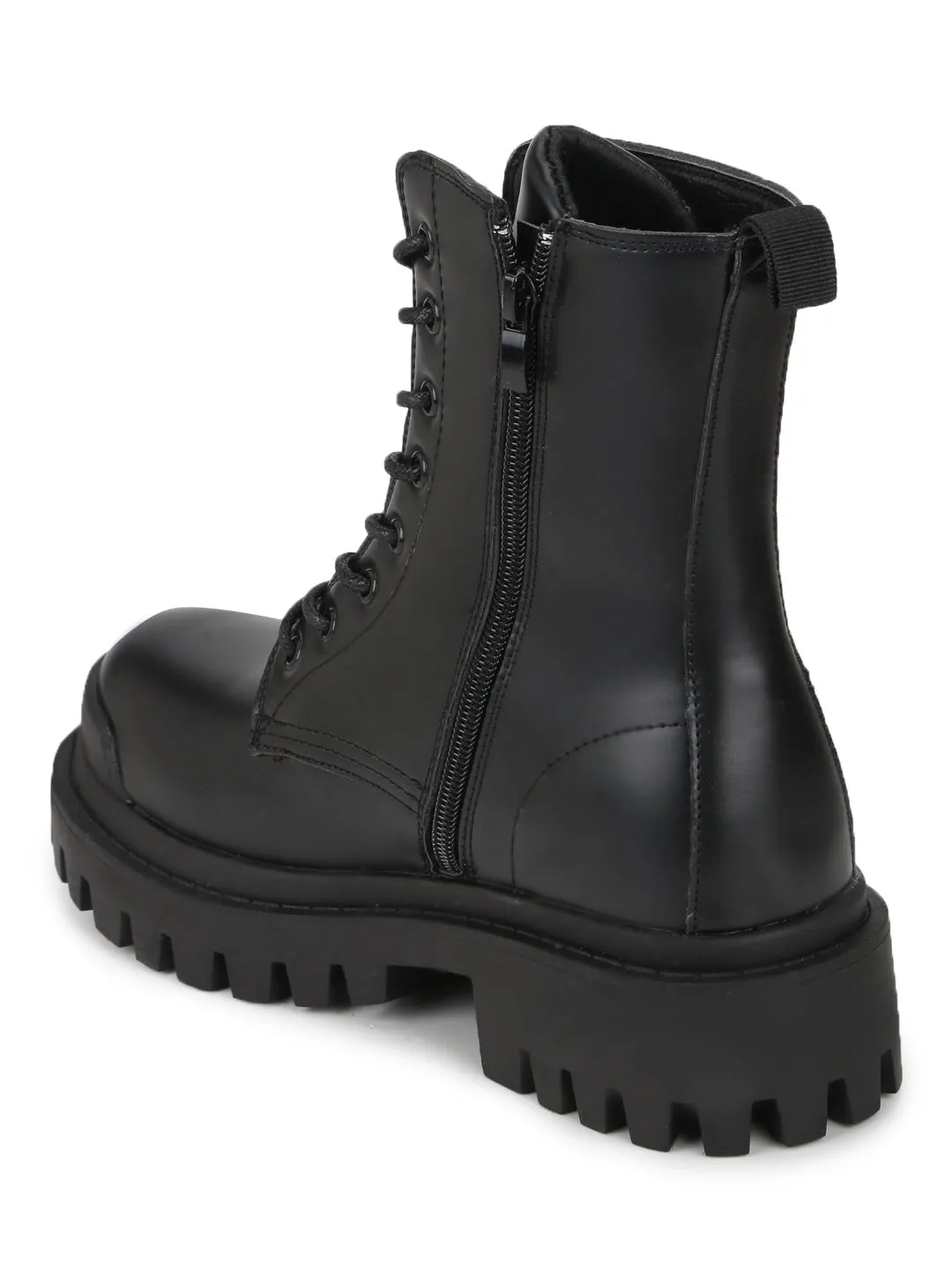 Black PU Lace Up Combat Ankle Boots