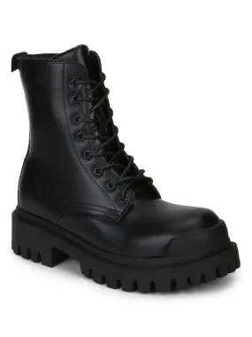 Black PU Lace Up Combat Ankle Boots