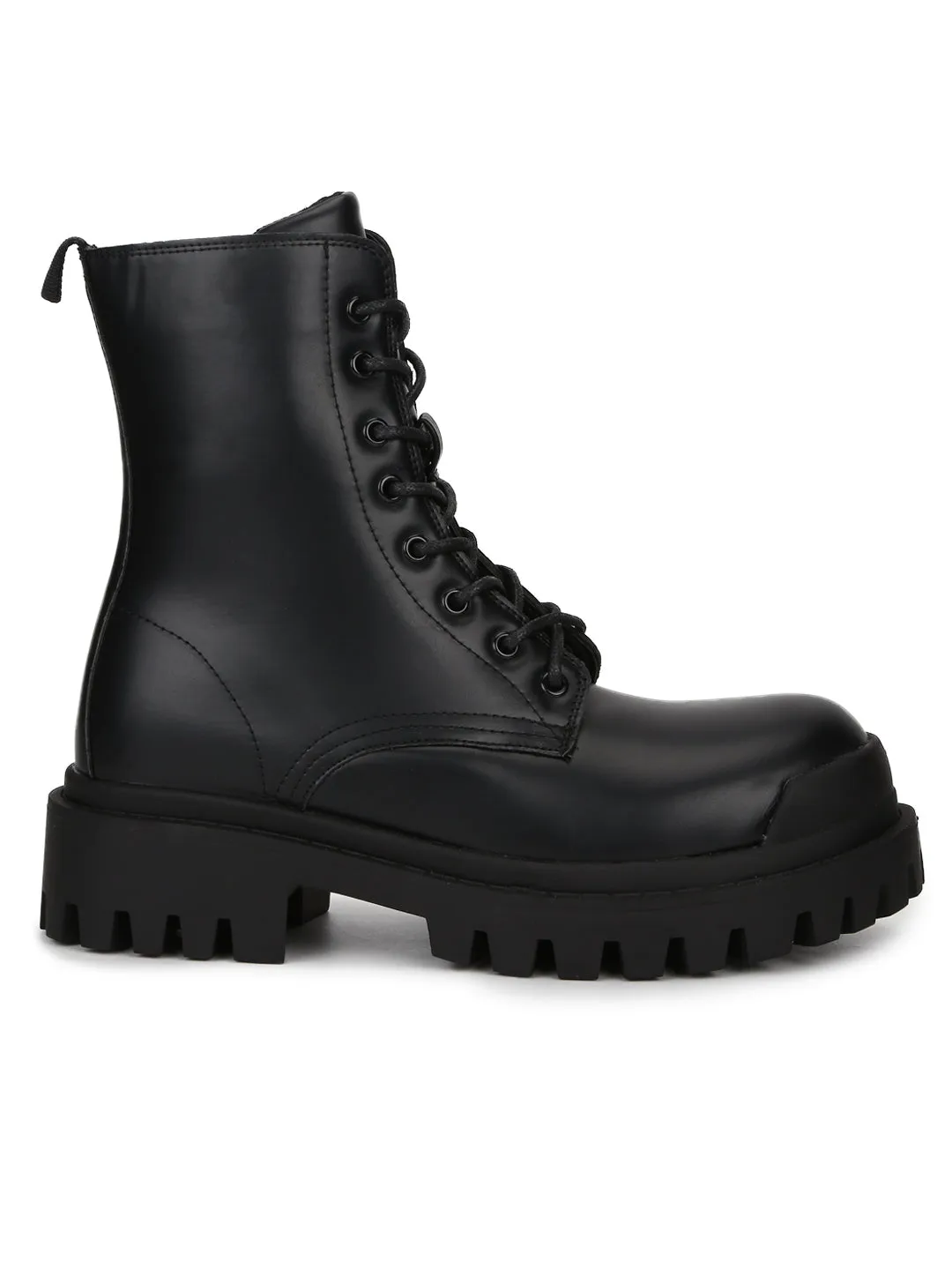 Black PU Lace Up Combat Ankle Boots