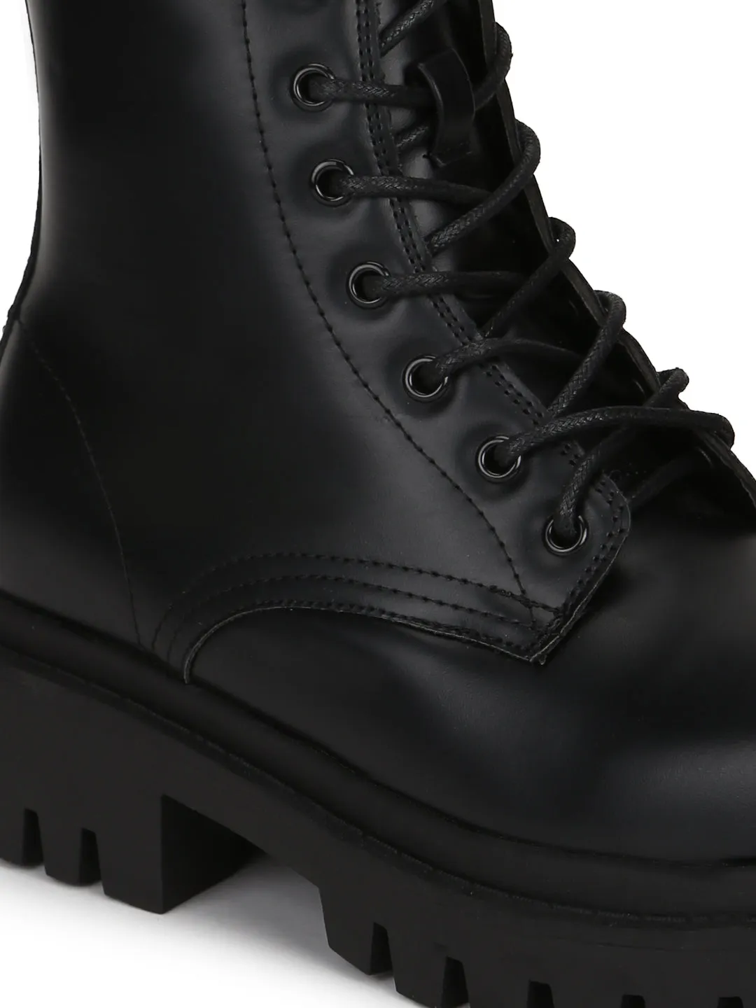 Black PU Lace Up Combat Ankle Boots