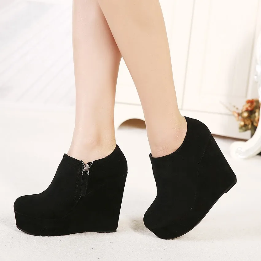 Classic Black Suede Wedge Platform Boots