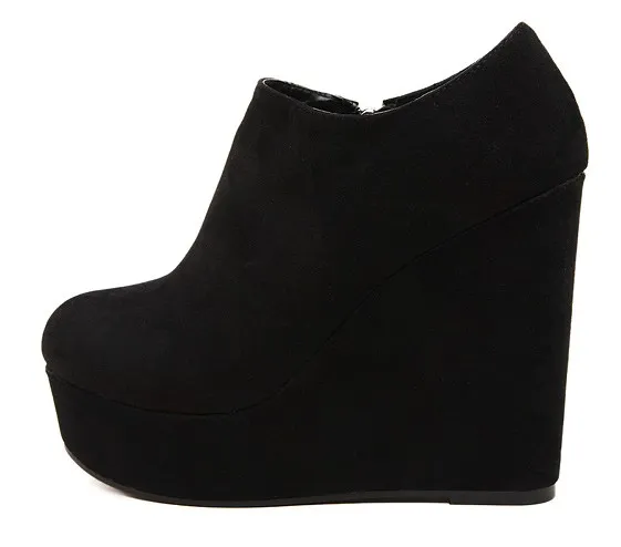 Classic Black Suede Wedge Platform Boots