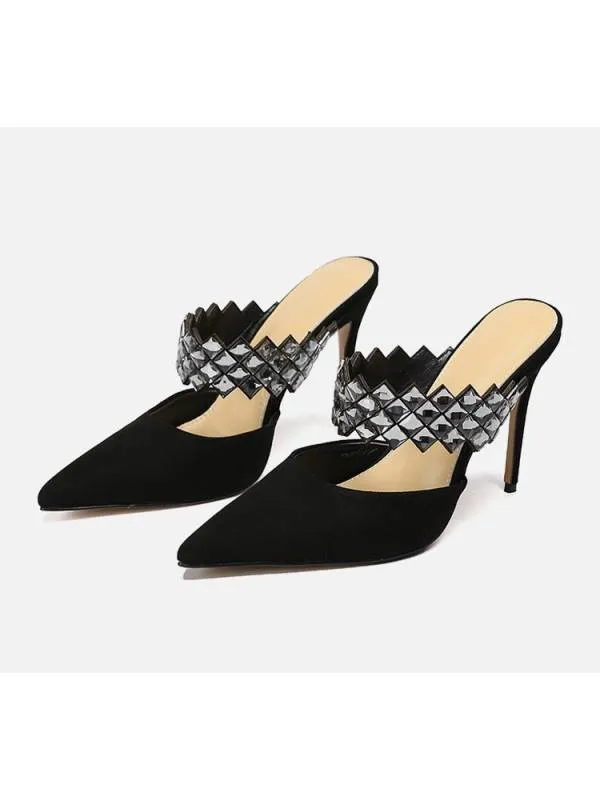 Black suede Stella mules with rhinestone strap.