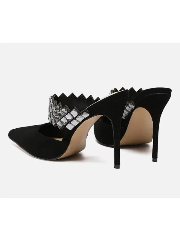 Black suede Stella mules with rhinestone strap.