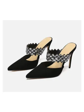 Black suede Stella mules with rhinestone strap.