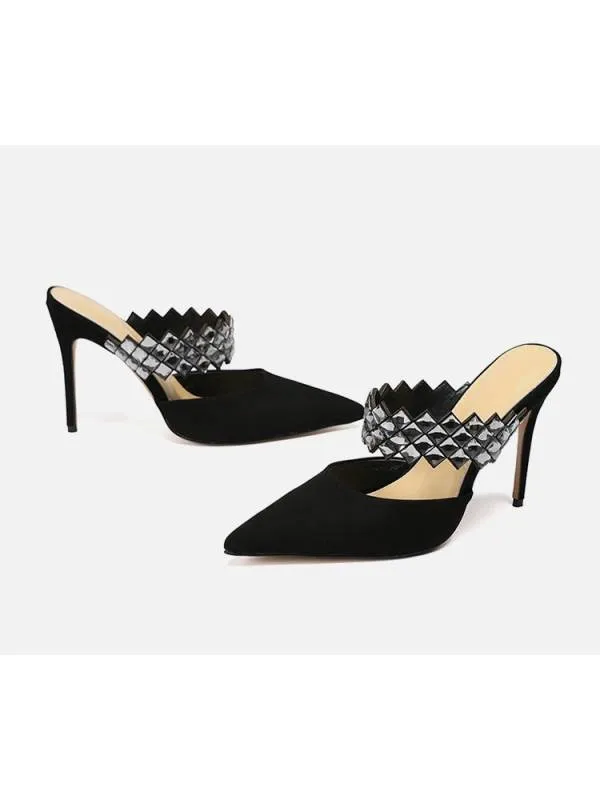 Black suede Stella mules with rhinestone strap.