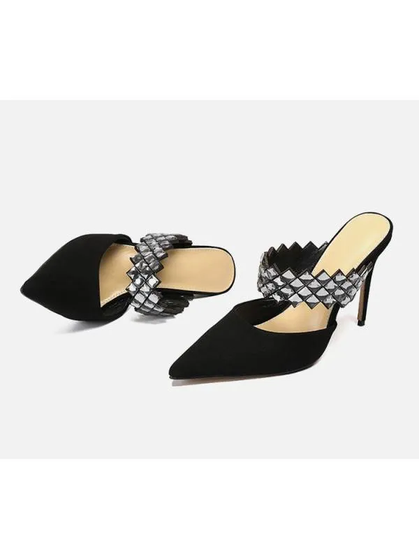 Black suede Stella mules with rhinestone strap.