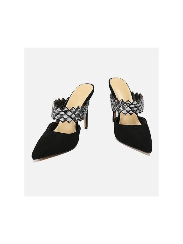 Black suede Stella mules with rhinestone strap.