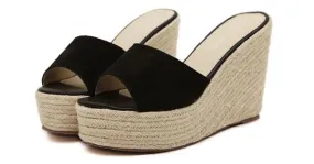 Black Suede Knitted Straw Platform Wedge Sandals