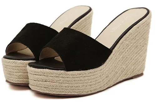 Black Suede Knitted Straw Platform Wedge Sandals