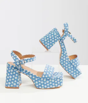 Blue daisy platform sandals from the 1970s in denim material