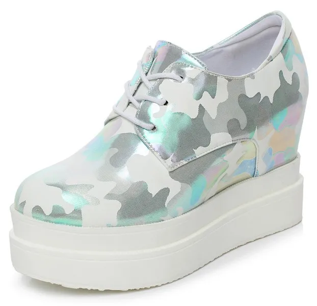 Blue Camouflage Metallic Lace Up Wedge Platforms Sneakers Oxfords