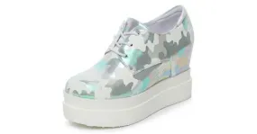 Blue Camouflage Metallic Lace Up Wedge Platforms Sneakers Oxfords