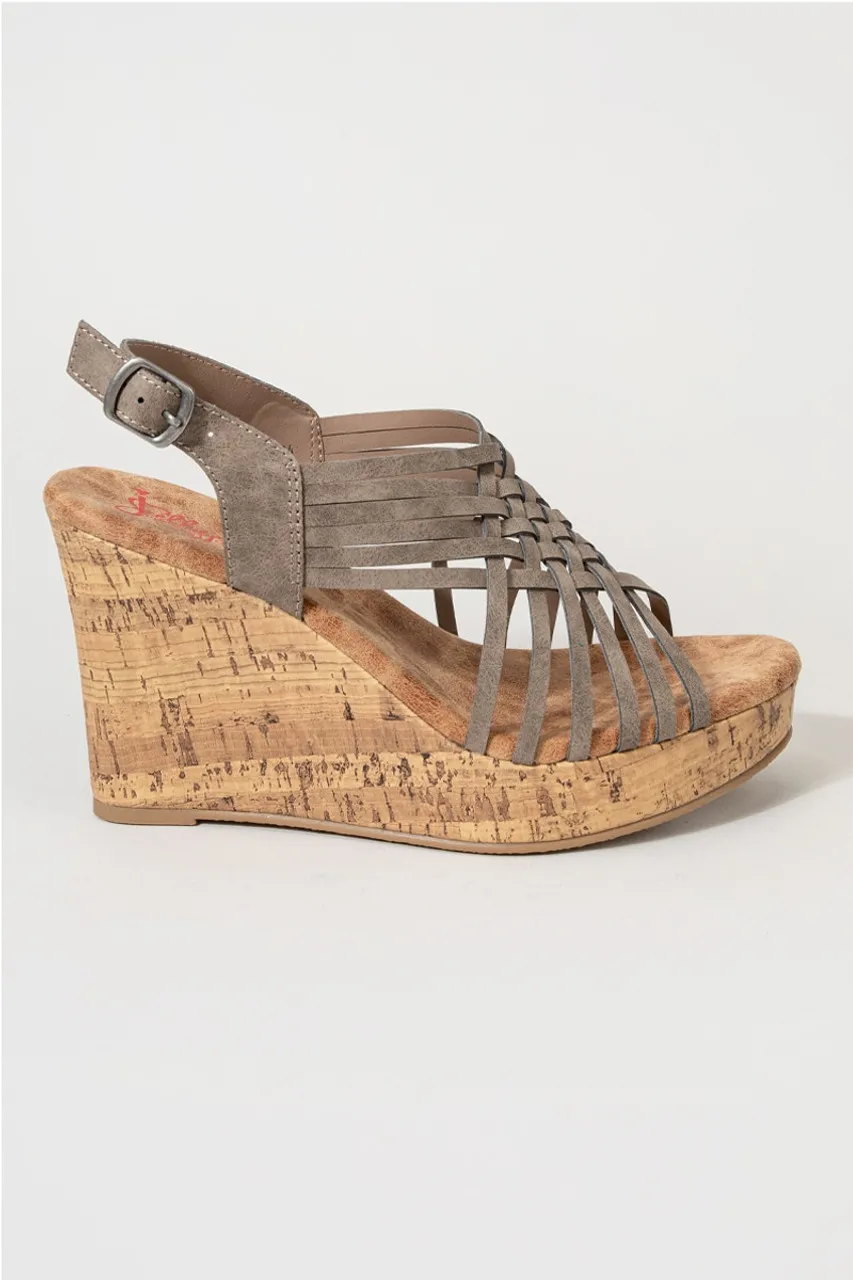 Boulevard Cross Strap Cork Wedges in Gray