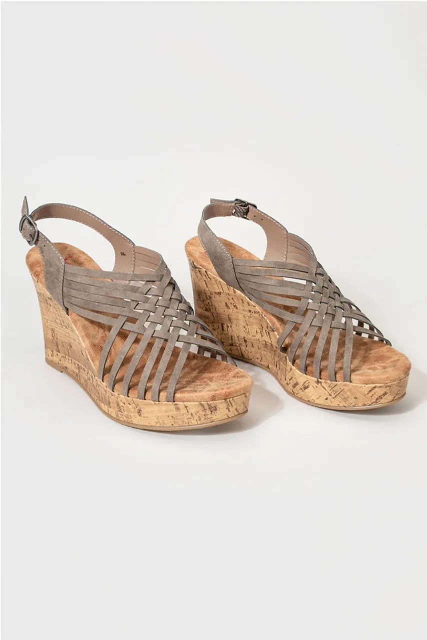 Boulevard Cross Strap Cork Wedges in Gray