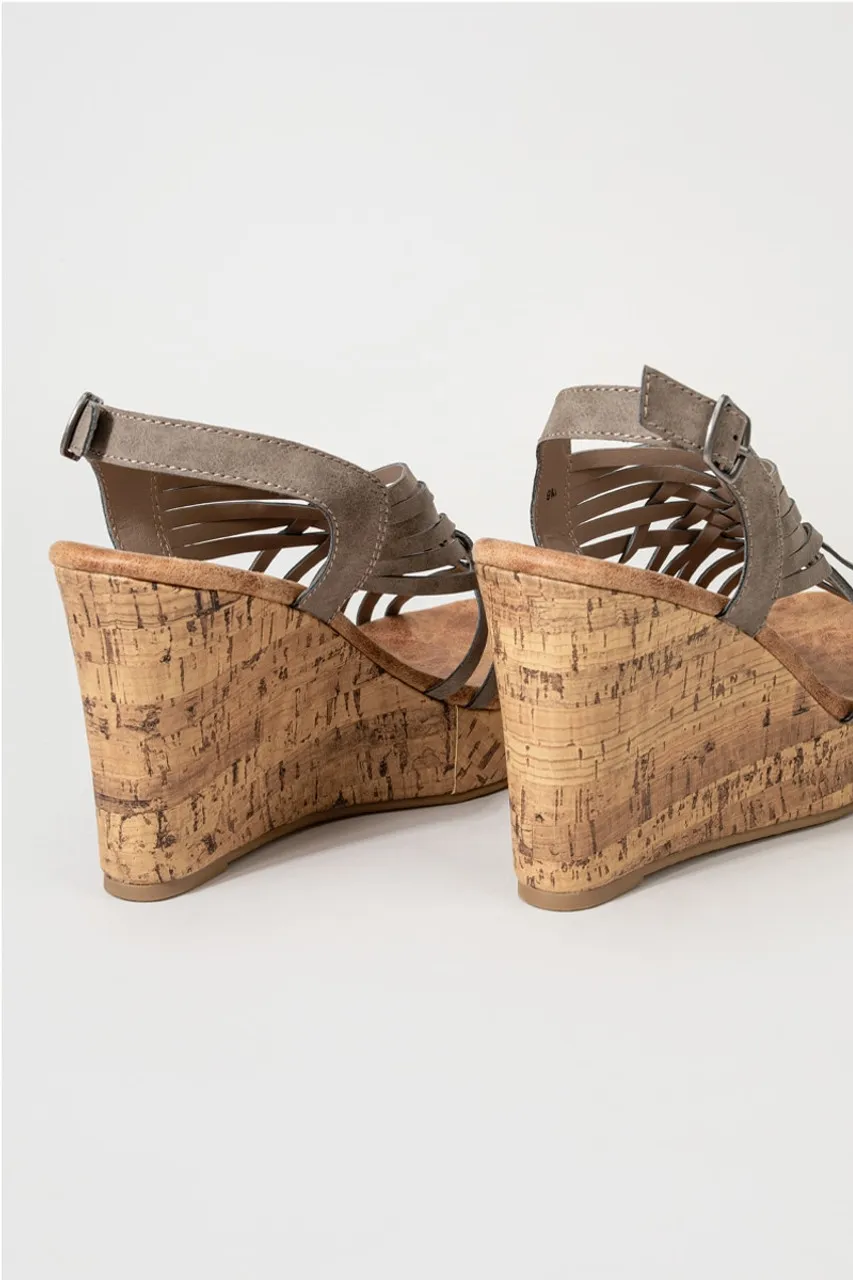 Boulevard Cross Strap Cork Wedges in Gray