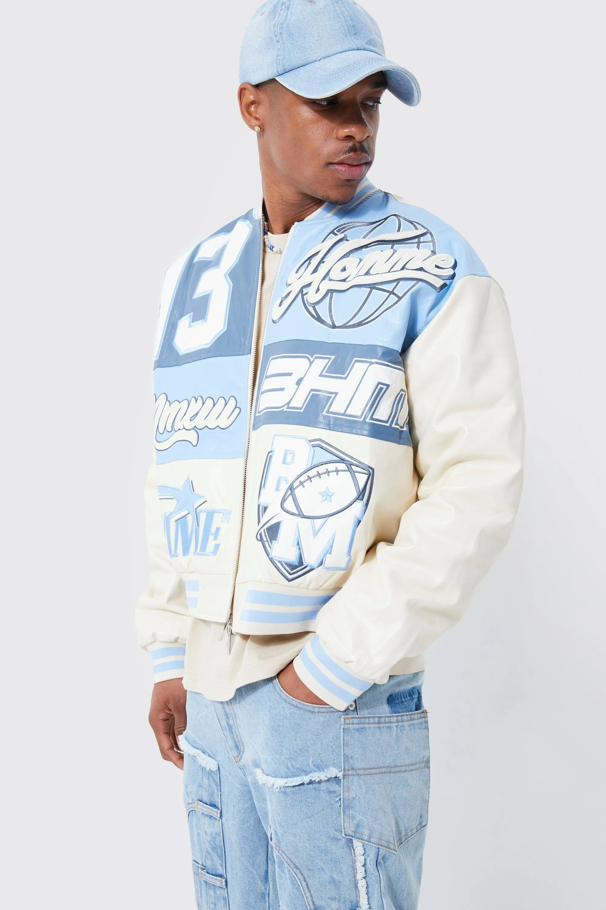 Boxy Printed Pu Varsity Jacket