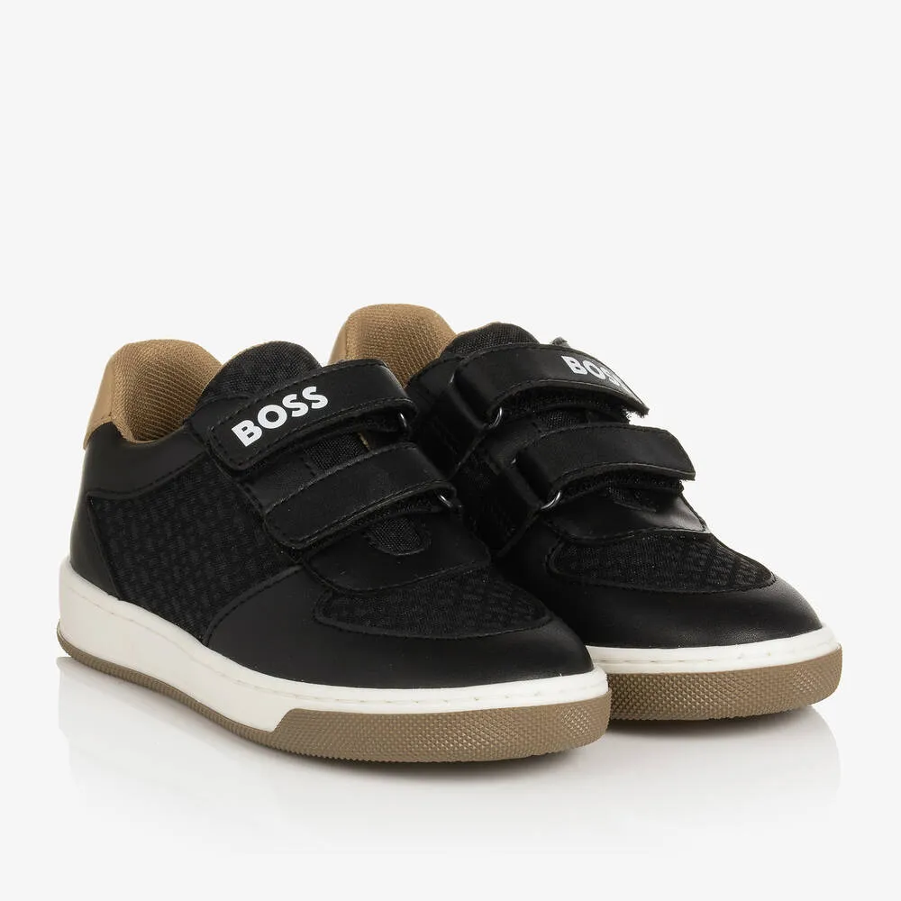 Boys Black Monogram Velcro Trainers