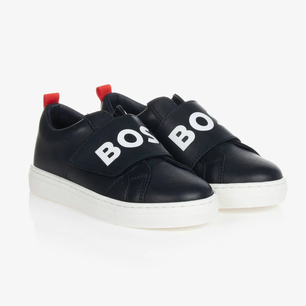 Boys Blue Leather Logo Trainers