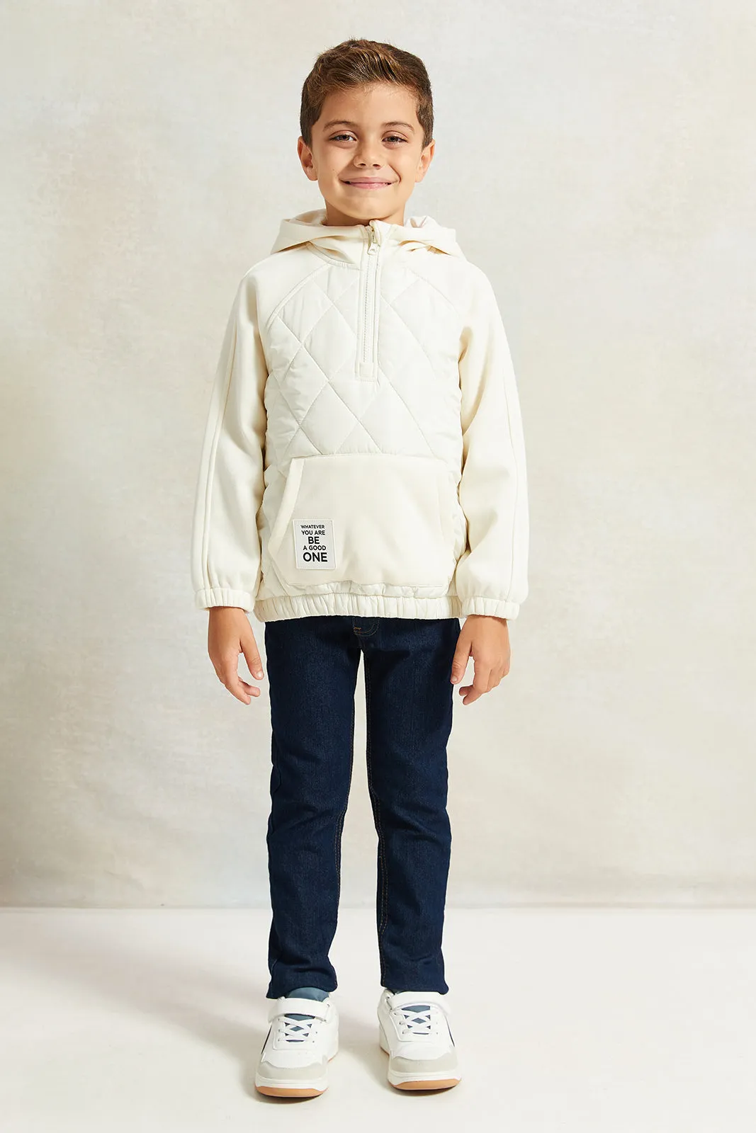 Boys Ecru Nylon Paneled Raglan Hooded Sweatshirt