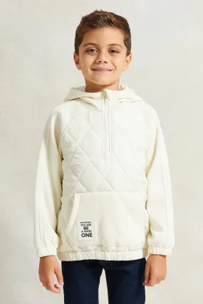 Boys Ecru Nylon Paneled Raglan Hooded Sweatshirt