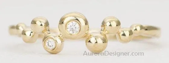 Bubble Beads 14K Gold Ring with Bezel Set Diamond Cluster Unique Right Hand Ring AD1434