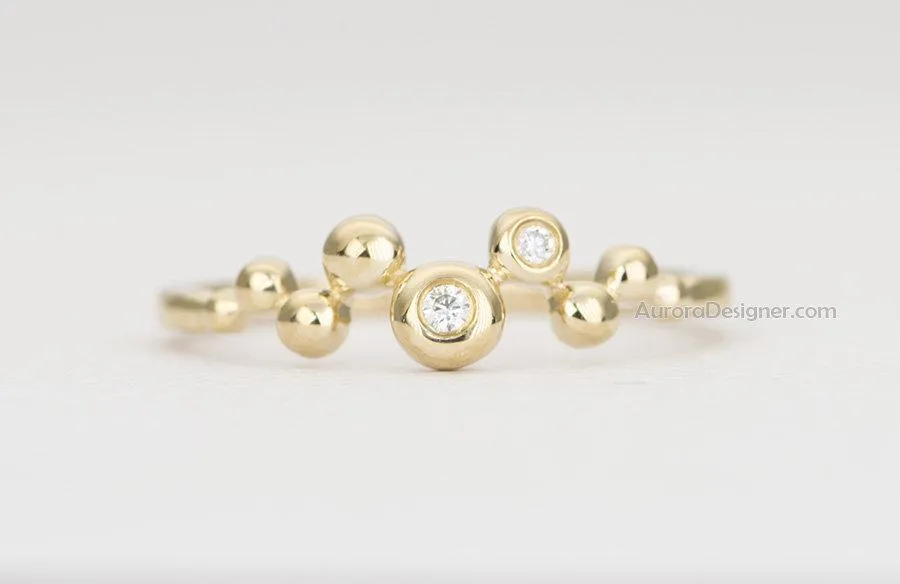 Bubble Beads 14K Gold Ring with Bezel Set Diamond Cluster Unique Right Hand Ring AD1434