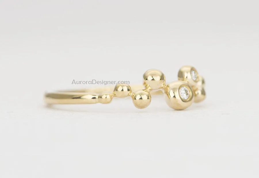 Bubble Beads 14K Gold Ring with Bezel Set Diamond Cluster Unique Right Hand Ring AD1434