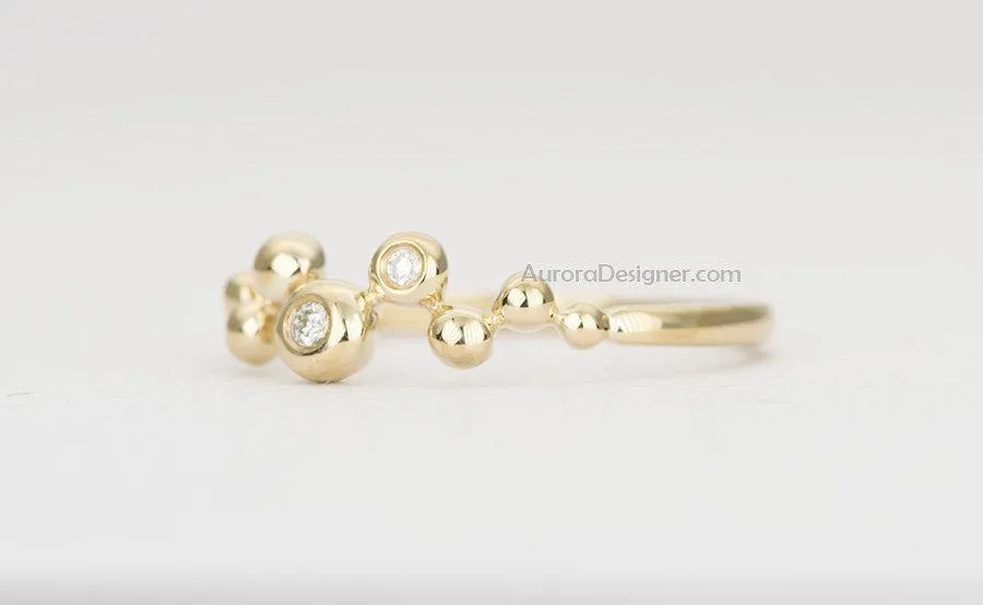 Bubble Beads 14K Gold Ring with Bezel Set Diamond Cluster Unique Right Hand Ring AD1434