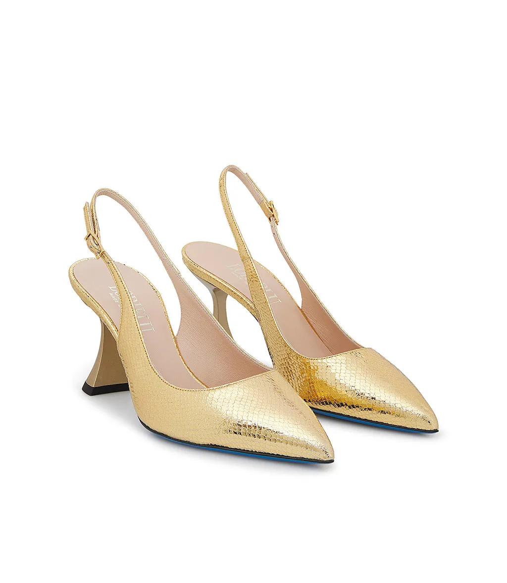 Chic Gold-tone printed leather pumps