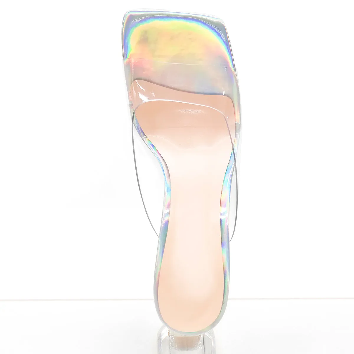 Chunky Heel Square Toe Mules with Holographic Transparent Design