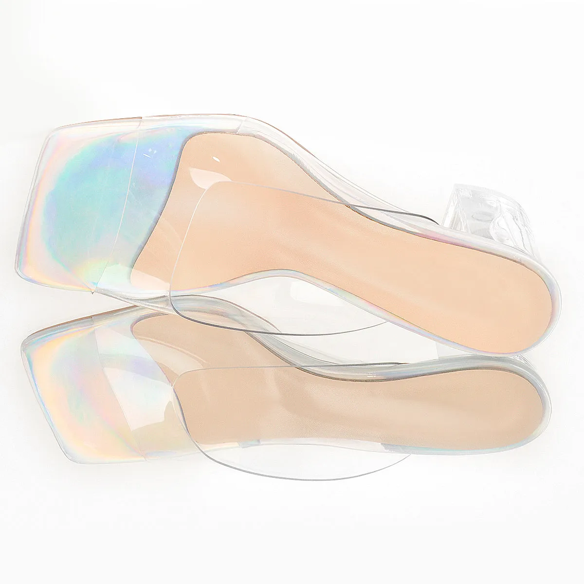 Chunky Heel Square Toe Mules with Holographic Transparent Design