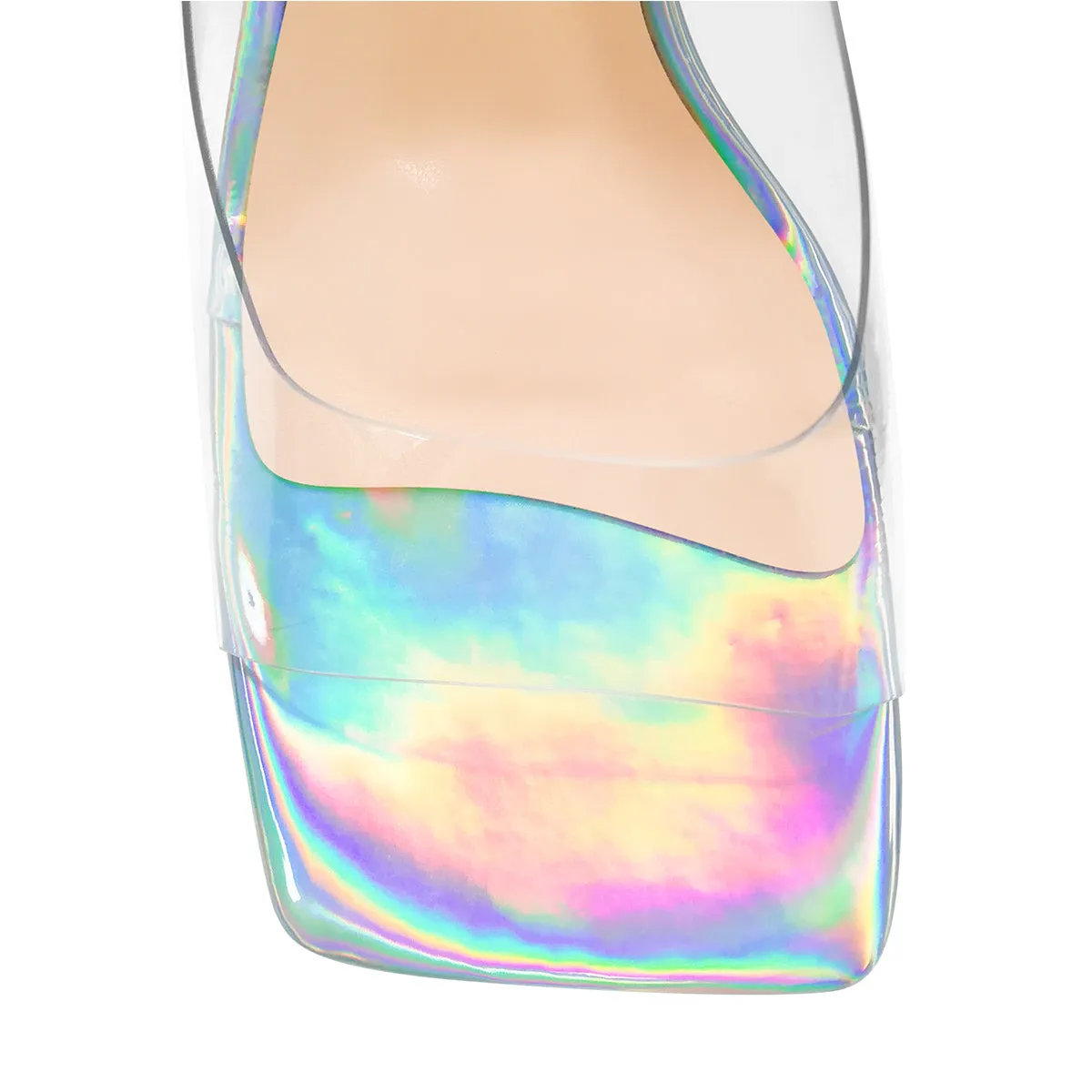 Chunky Heel Square Toe Mules with Holographic Transparent Design