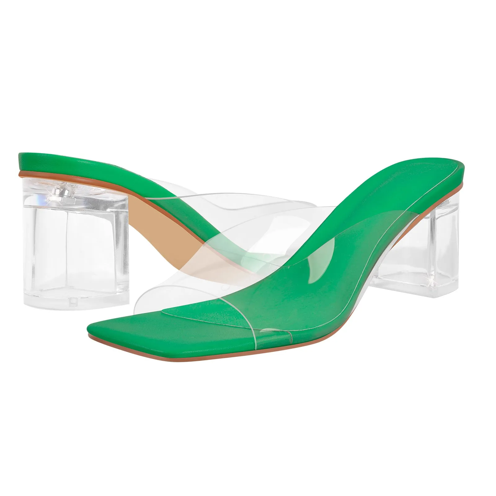 Chunky Heel Square Toe Mules with Holographic Transparent Design