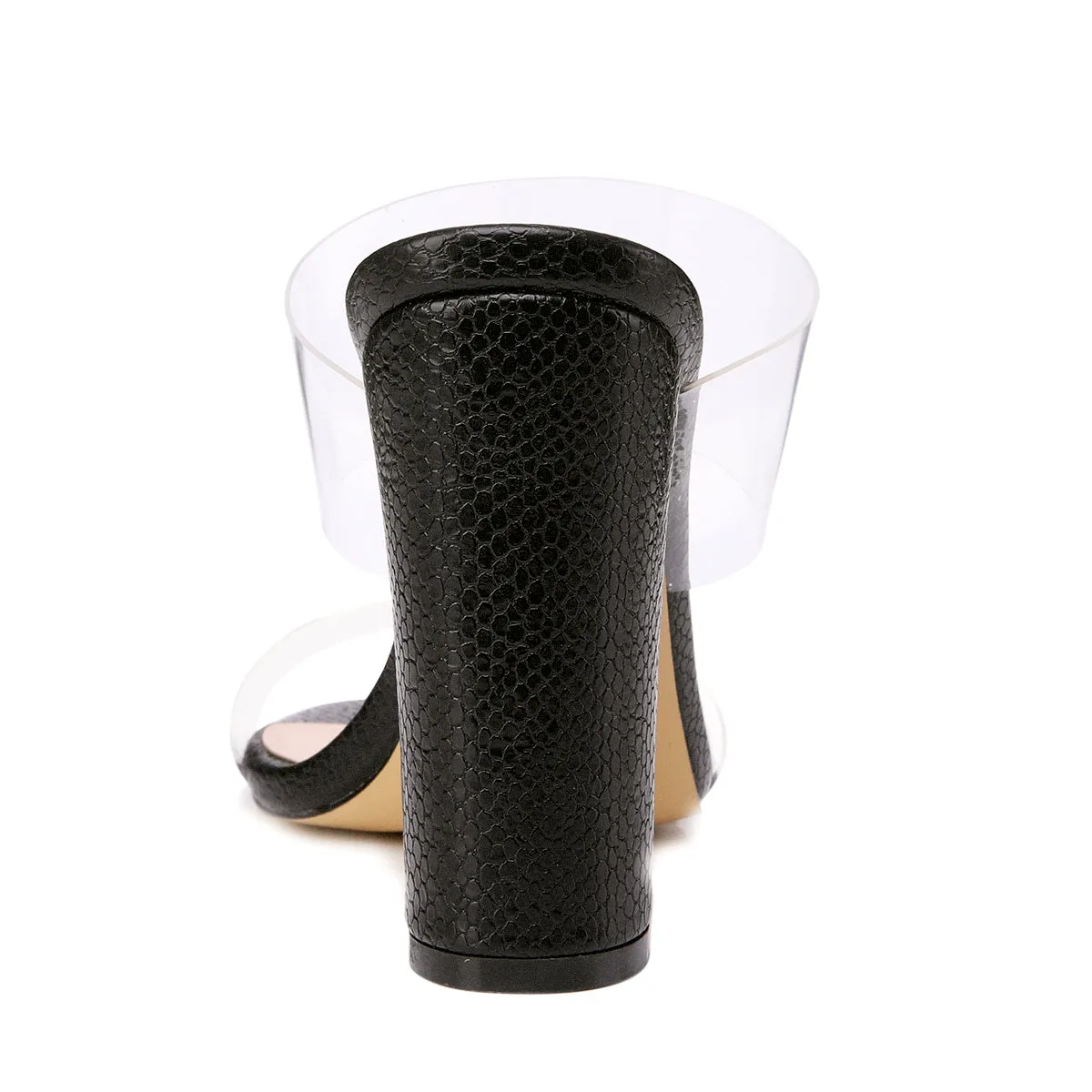 Chunky Heels Mules with Clear Double Straps and Snake Pattern