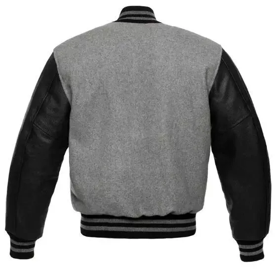 Classic Men's Varsity Letterman Jacket Grey Wool Body With Black Leather Sleeves