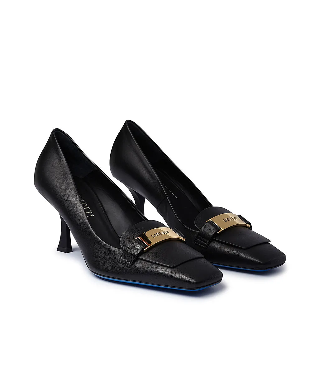 Classy Gold-toned Logo-plaque Black leather pumps