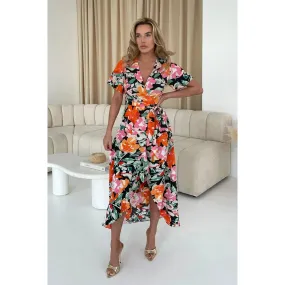 Colorful Floral Tea Dress with Angel Sleeves and Split Frill Hem