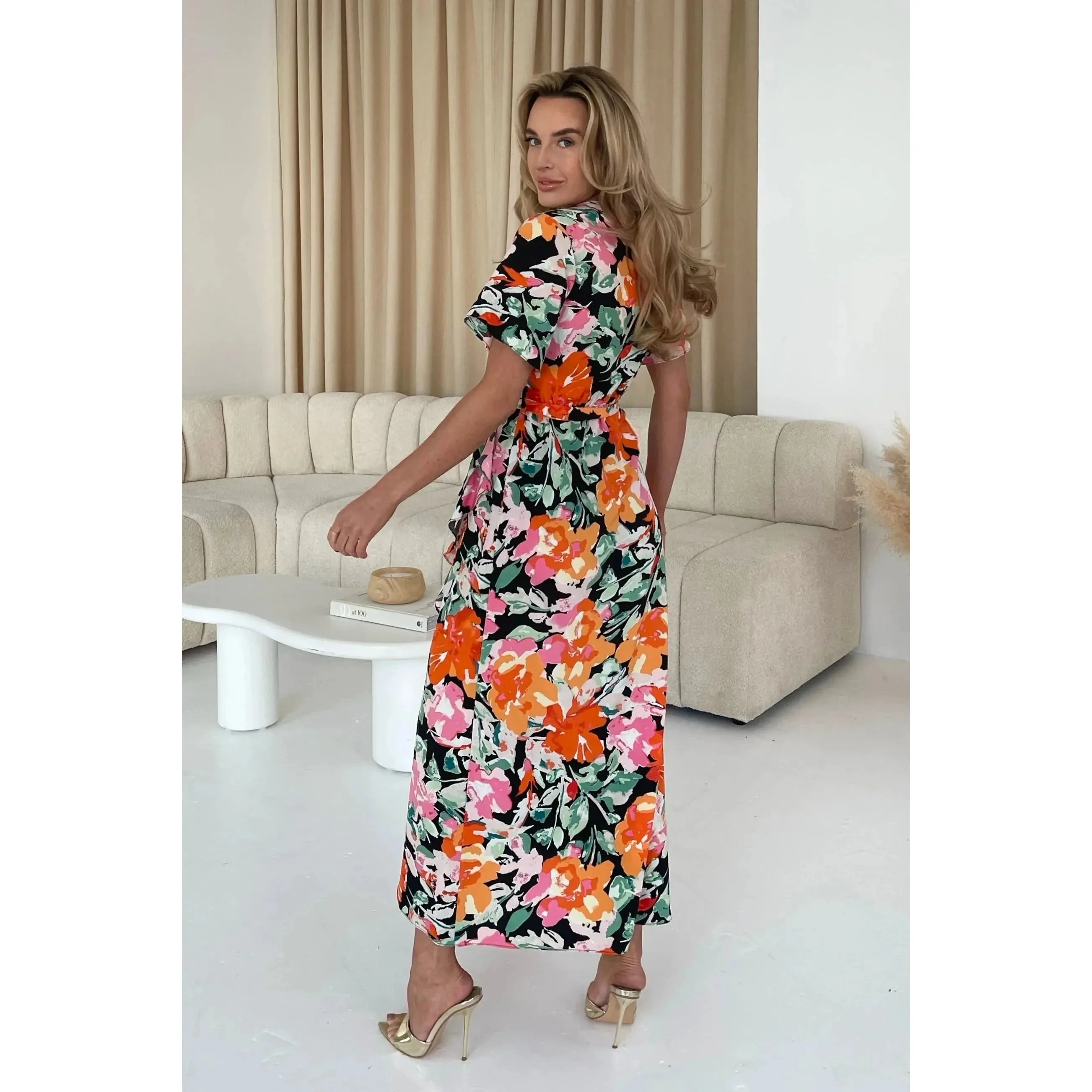 Colorful Floral Tea Dress with Angel Sleeves and Split Frill Hem