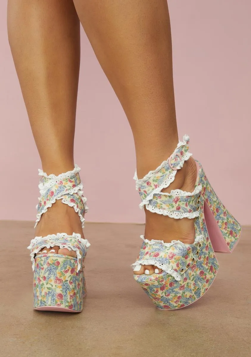 Cottage Calling Floral Satin Platforms-