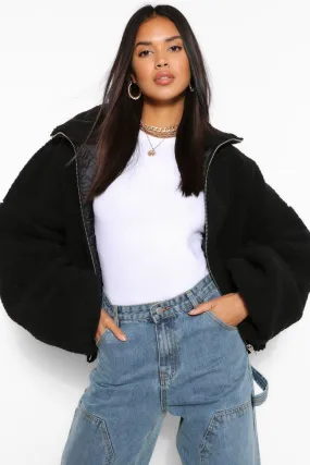 Crop Teddy Faux Fur Bomber Jacket