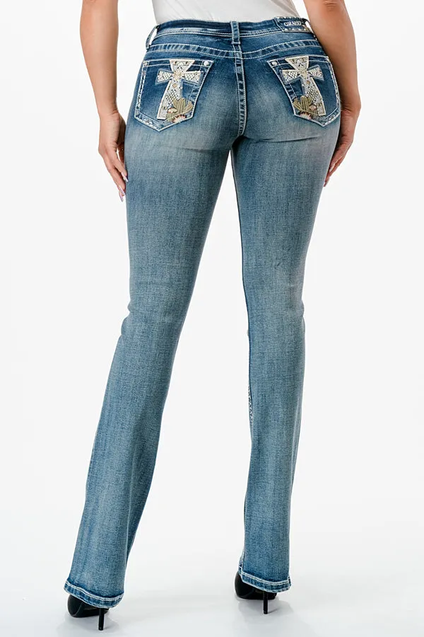 Mid Rise Bootcut Jeans with Cross and Cactus Embellishments