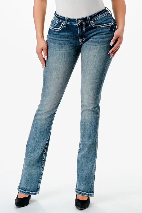 Mid Rise Bootcut Jeans with Cross and Cactus Embellishments