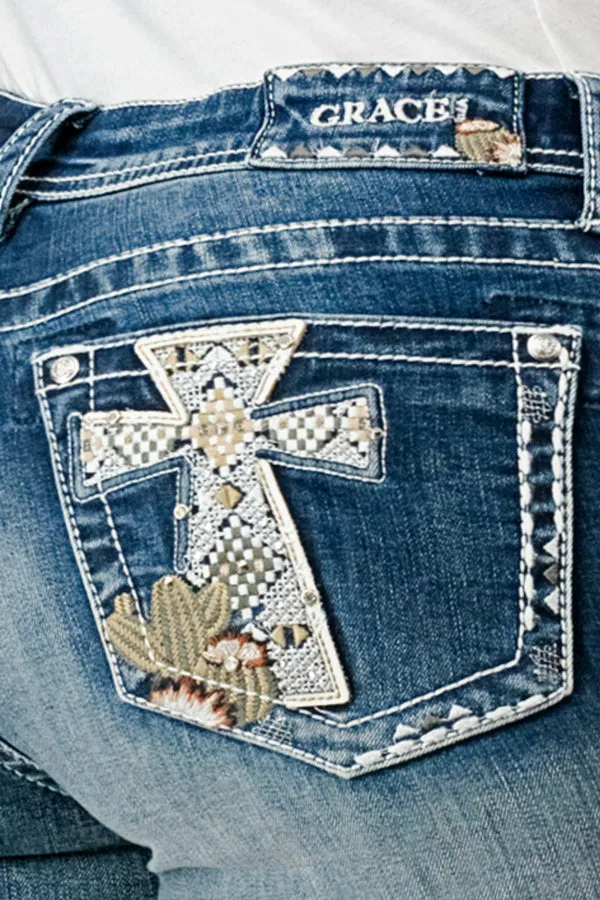 Mid Rise Bootcut Jeans with Cross and Cactus Embellishments