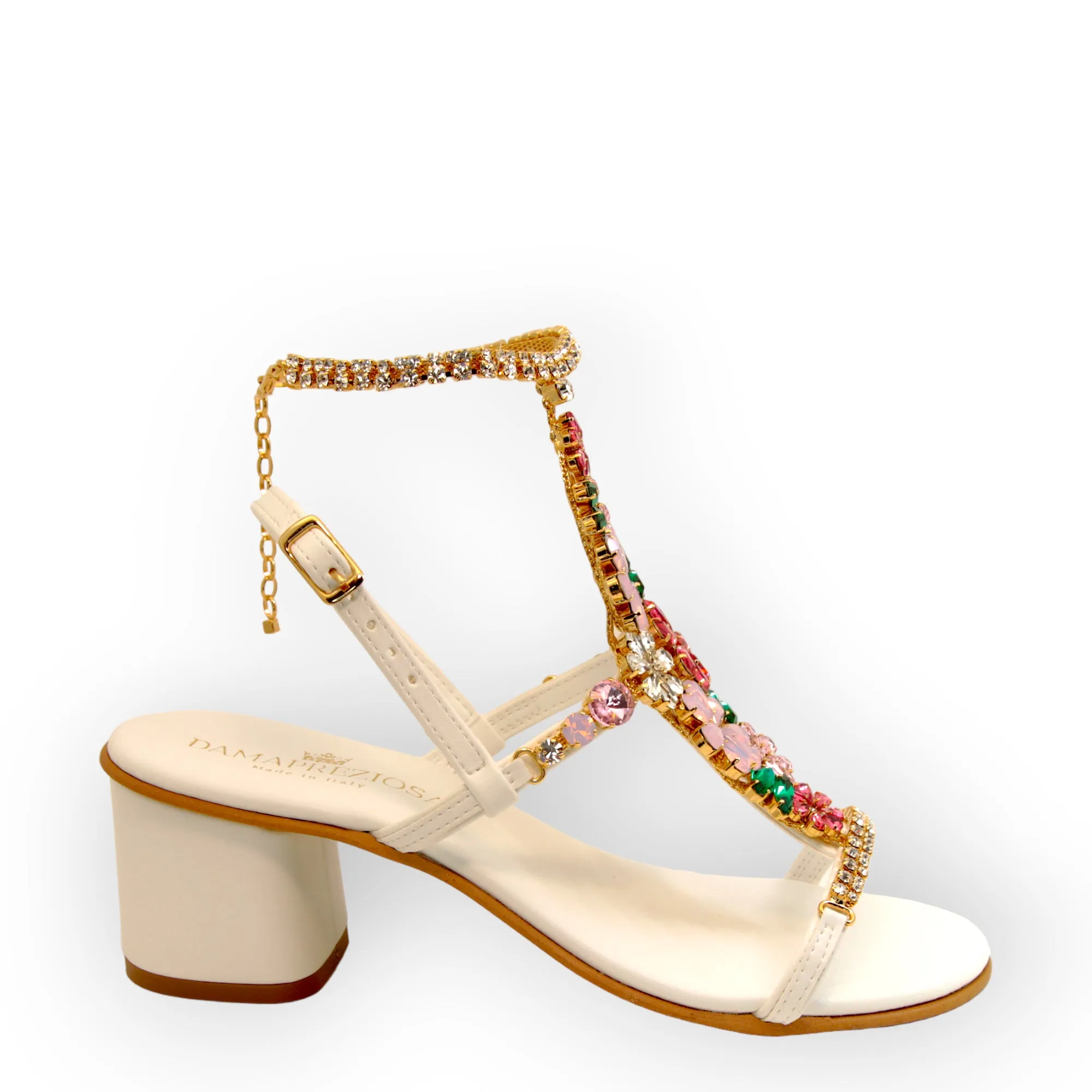 Crystal Flower Sandal With Block Heel Daisy Bouquet.