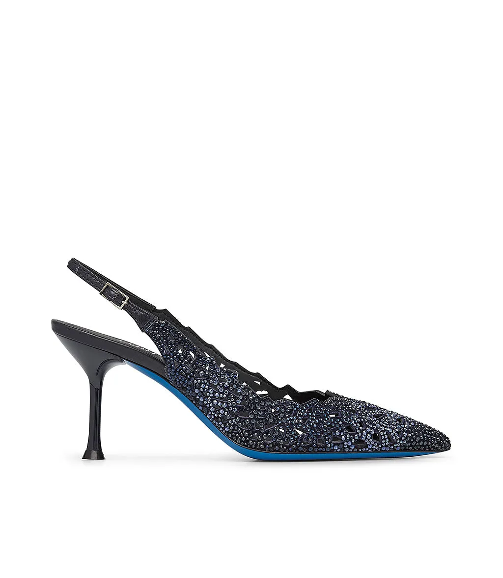 Crystals blue suede slingback pumps