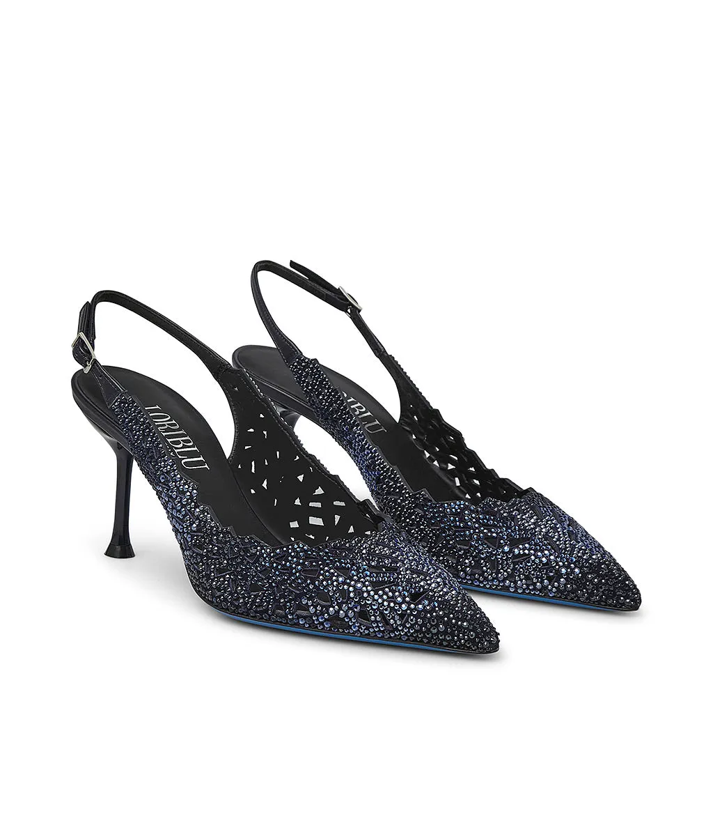 Crystals blue suede slingback pumps