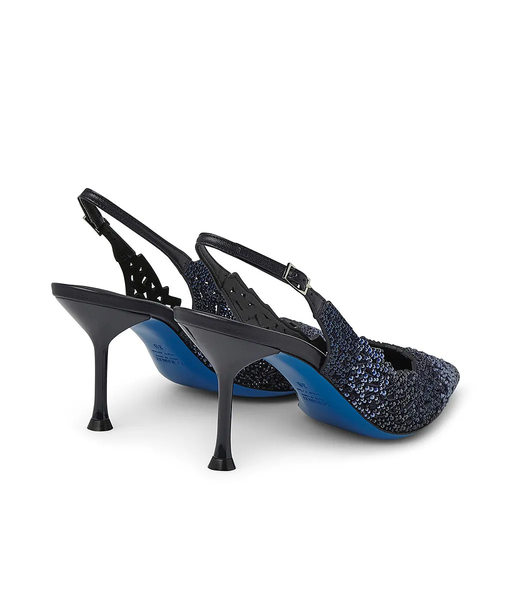 Crystals blue suede slingback pumps