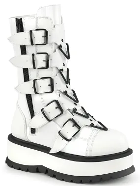 Edgy DEMONIA Mid-Calf White Platforms Boots