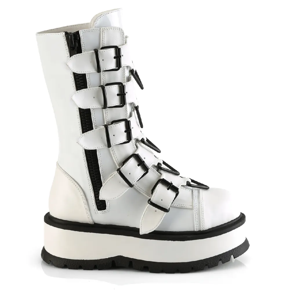 Edgy DEMONIA Mid-Calf White Platforms Boots